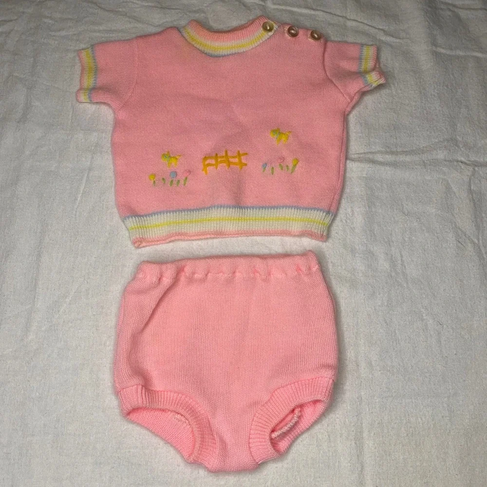 Vintage Confetti Knits Baby Girl Pink Sweater Diaper Cover Set 0-3 Months Japan